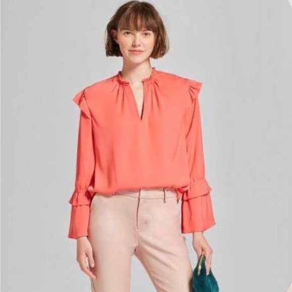 A new day long ruffle bell sleeve vneck pink salmon top size large - Picture 1 of 5